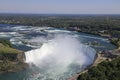 Aerial view of Horseshoe Falls including Hornblower Boat sailing on Niagara River, Canada and USA natural border Royalty Free Stock Photo