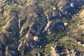 Aerial view of hot air ballons over Love Valley near Goreme and Nevsehir in the center of Cappadocia, Turkey region of Anatolia. Royalty Free Stock Photo