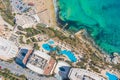 Aerial view of the hotel building swimming pools, sandy beach, resort coast on the Mediterranean coast Royalty Free Stock Photo