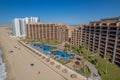 Aerial view of the hotels on the beach on a sunny day in Puerto Penasco, Sonora, Mexico.