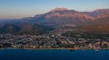 Aerial view hotels on the Mediterranean coast on the Turkish Riviera in the vicinity of Kemer