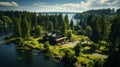 Aerial view of house in the middle of forest. Generative AI. Royalty Free Stock Photo