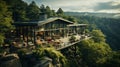 Aerial view of house in the middle of forest. Generative AI. Royalty Free Stock Photo