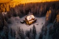 Aerial view of house in the middle of snow covered forest. Generative AI Royalty Free Stock Photo