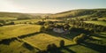 An aerial view of a house surrounded by lush green fields, AI Royalty Free Stock Photo