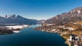 Aerial view on houses near water, small alpine village St. Wolfgang and Wolfgangsee  Lake in Austria Royalty Free Stock Photo