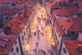 Aerial view of houses with red roofs at night in Dubrovnik Royalty Free Stock Photo