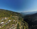 Aerial view of houses and rolling hills in Tokushima Prefecture, Japan.