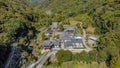 Aerial view of houses and rolling hills in Tokushima Prefecture, Japan.