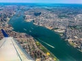 Aerial view of Hudson river and Roosevelt Island and city neighborhood