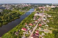 aerial view of huge bridge between two banks and urban areas