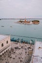 Aerial view from huge cathedral bell tower San Marco Campanile on The main pier of gondolas near Piazza San Marco and