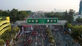 Aerial View of the A huge crowd attends the car free day along Ahmad Yani street Bekasi business district. Bekasi, Indonesia