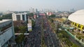 Aerial View of the A huge crowd attends the car free day along Ahmad Yani street Bekasi business district. Bekasi, Indonesia