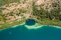 Aerial view of a huge freshwater lake surrounded by tall mountains Lake Kournas, Crete, Greece Royalty Free Stock Photo