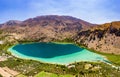 Aerial view of a huge freshwater lake surrounded by tall mountains Lake Kournas, Crete, Greece Royalty Free Stock Photo