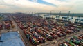 Aerial view of huge industrial port with containers and huge ship. Logistic. Shipping. Cargo. Transport