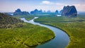 Aerial view of a huge mangrove forest and towering limestone pinnacles (Phangnga Bay, Thailand