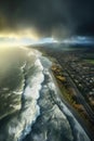 aerial view of hurricane approaching coastline