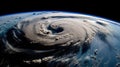 Aerial view of hurricane from space. Weather cloud formation on earth from the moon.