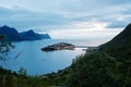 Aerial view on Husoy, little village on a tiny island belonging to the large island of Senja and being surrounded by a beautiful