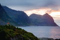 Aerial view of Husoy, little village on a tiny island belonging to the large island of Senja and being surrounded by beautiful