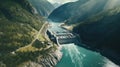 Aerial view of Hydroelectric power dam on a river in mountains