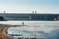 Aerial view of Hydroelectric power station in Krasnoyarsk. Top view from air Royalty Free Stock Photo