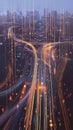 Aerial view of a hyper-connected cityscape at dawn with glowing lines representing 5G data transfer between nodes.