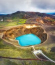 Aerial view on the Iceland. Aerial landscape above lake in the geysers valley. Icelandic landscape from air. Famous place.