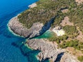 Aerial view of the iconic beach of Glossa near Voidokilia beach in Romanos Area, Messenia, Greece