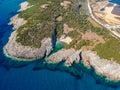 Aerial view of the iconic beach of Glossa near Voidokilia beach in Romanos Area, Messenia, Greece