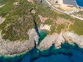 Aerial view of the iconic beach of Glossa near Voidokilia beach in Romanos Area, Messenia, Greece Royalty Free Stock Photo
