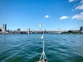 Aerial view of the iconic Brooklyn Bridge in New York City, captured from a yacht