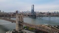 Aerial view of the iconic Brooklyn Bridge in the New York Harbor