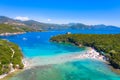 Aerial view of iconic paradise sandy beaches with turquoise sea in complex islands of Agios Nikolaos and Mourtos in Sivota. Royalty Free Stock Photo