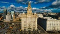 Aerial view of the iconic Royal Liver Building in Liverpool, UK, with dramatic clouds in the sky Royalty Free Stock Photo