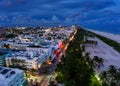 Aerial view of illuminated Ocean Drive and South beach, Miami, Florida, USA Royalty Free Stock Photo