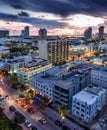 Aerial view of illuminated Ocean Drive and South beach, Miami, Florida, USA Royalty Free Stock Photo