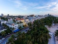 Aerial view of illuminated Ocean Drive and South beach, Miami, Florida, USA Royalty Free Stock Photo