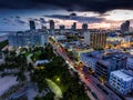 Aerial view of illuminated Ocean Drive and South beach, Miami, Florida, USA Royalty Free Stock Photo