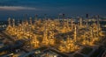 Aerial view of an illuminated oil refinery at dusk. Numerous tall chimneys and