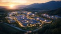Aerial View of Illuminated Solar Panel Industrial Park at Sunset Royalty Free Stock Photo