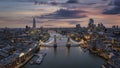 Aerial view of the illuminated Tower Bridge and London skyline Royalty Free Stock Photo