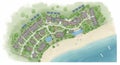 Aerial view illustration of a beachfront resort layout. Features numerous rectangular Royalty Free Stock Photo