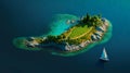 Aerial view.illustration of tropical island and blue smooth sea,ocean and sailboat for Summer holiday or vacation concepts.long Royalty Free Stock Photo