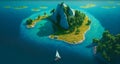 Aerial view.illustration of tropical island and blue smooth sea,ocean and sailboat for Summer holiday or vacation concepts.long Royalty Free Stock Photo