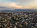 Aerial view of Imabari Castle and city landscape at dawn