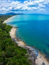 Aerial view image of sea, beache and jungle with blue  sky in Nakhon Si Thammarat, Thailand Royalty Free Stock Photo