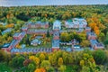 Aerial view of the imperial stables in the Gothic style in Peterhof. The complex is in the form of a trapezoid of red unplastered